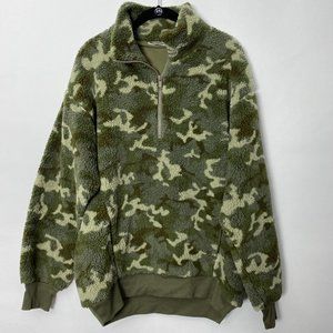 NEW EXPRESS ONE ELEVEN CAMOUFLAGE QUARTER ZIP OVERSIZE SHERPA SWEATSHIRT TOP